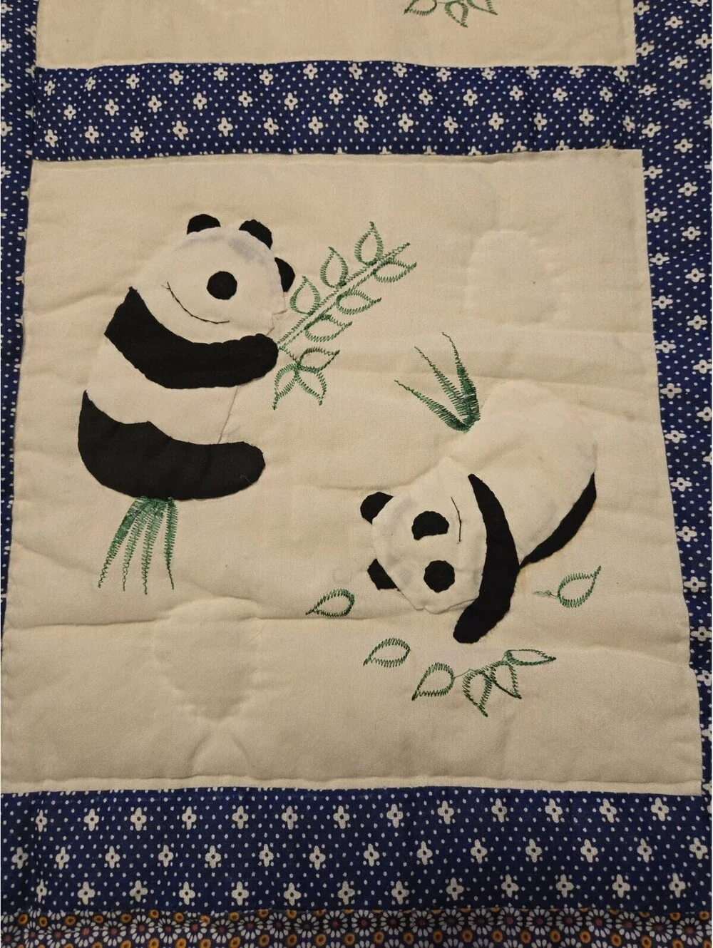 Cute Panda Bear Handmade Baby Quilt Blue Geometric Border Nursery Crib Blanket